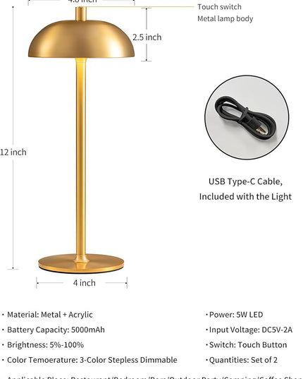 Cordless LED Table Lamp Set of 2, Modern Portable Desk Lamp, 3 Color Stepless Dimming Built-in Rechargeable Battery Lights, for Bedroom, Patio, Outdoor, Restaurant, Bedside Night Lamp(Gold) - LeafyLoom