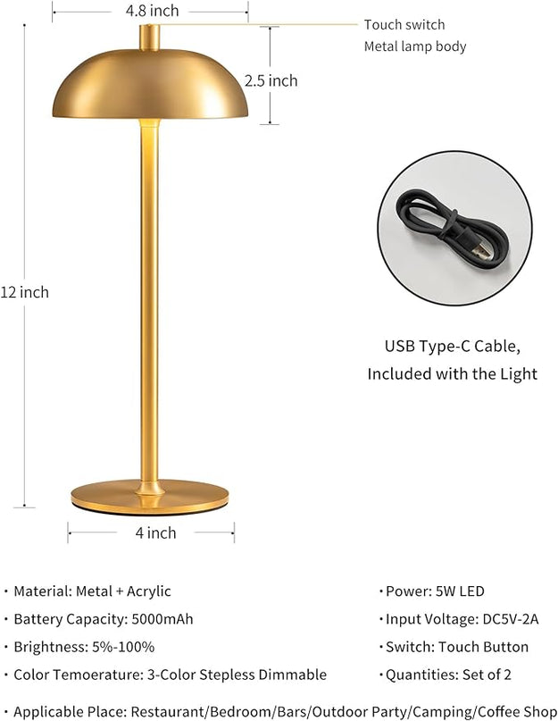 Cordless LED Table Lamp Set of 2, Modern Portable Desk Lamp, 3 Color Stepless Dimming Built-in Rechargeable Battery Lights, for Bedroom, Patio, Outdoor, Restaurant, Bedside Night Lamp(Gold) - LeafyLoom