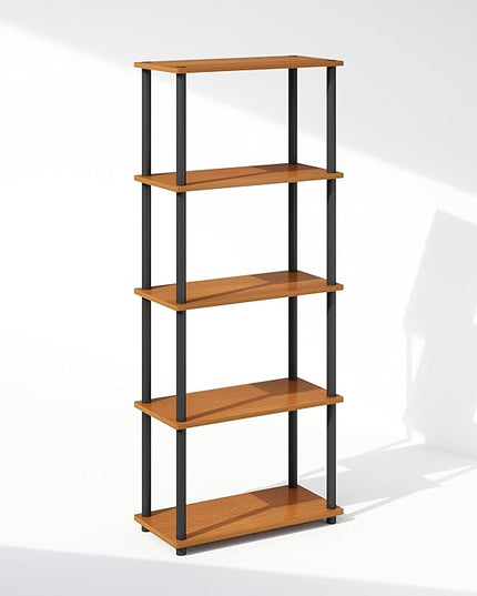 Furinno Turn-N-Tube 5-Tier Multipurpose Compact Display Rack, Shelving Unit, Bookcase, Light Cherry/Black - LeafyLoom