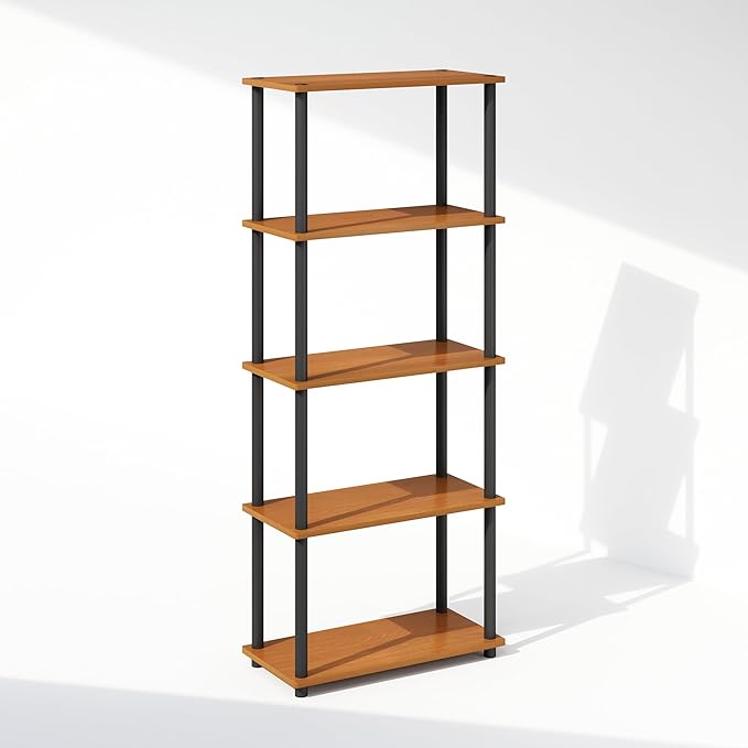 Furinno Turn-N-Tube 5-Tier Multipurpose Compact Display Rack, Shelving Unit, Bookcase, Light Cherry/Black - LeafyLoom