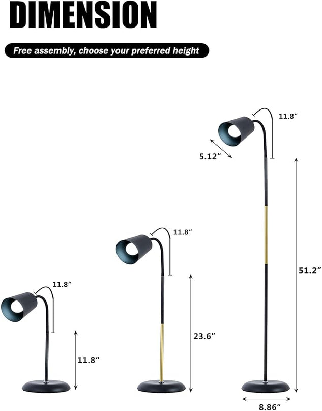 AoMck Floor Lamp, Industrial Metal Floor Standing Lamps Bendable Floor Lamp with Adjustable Gooseneck 2 in 1 Floor Reading Table Lamps for Living Room Bedroom Office(Black) - LeafyLoom