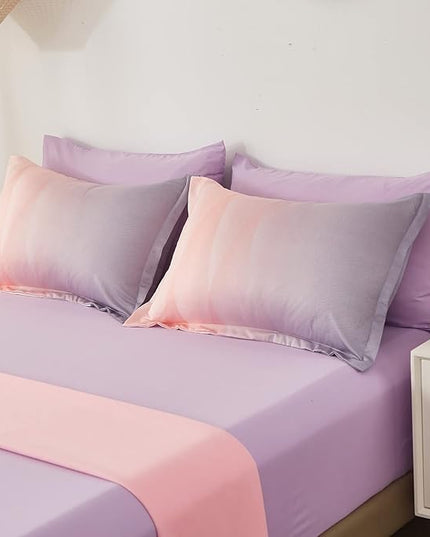 Girls Comforter Set Queen Size Colorful Ombre Blue Pink Purple Rainbow Bedding Set 7 Pieces Bed in A Bag for Kids Teen Girls Women with Comforter, Flat Sheet, Fitted Sheet - LeafyLoom