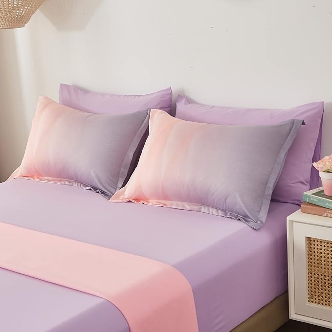 Girls Comforter Set Queen Size Colorful Ombre Blue Pink Purple Rainbow Bedding Set 7 Pieces Bed in A Bag for Kids Teen Girls Women with Comforter, Flat Sheet, Fitted Sheet - LeafyLoom