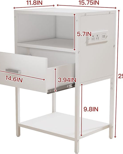 LDTTCUK Nightstand with Charging Station, Modern End Table with Drawer, White Bedside Table with Open Storage for Bedroom - LeafyLoom