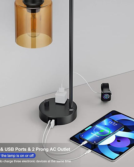 Industrial Small Desk Lamp for Nightstand - Amber Clear Glass Shade Table Lamp with USB C Port, Fully Dimmable Black Bedside Lamp with USB Port and Outlet, Bedroom Lamp for Reading Office - LeafyLoom