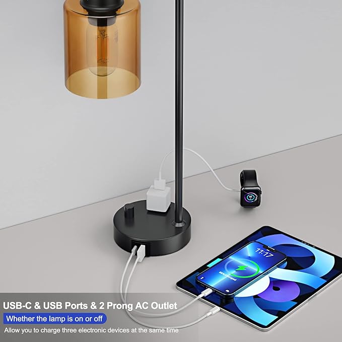 Industrial Small Desk Lamp for Nightstand - Amber Clear Glass Shade Table Lamp with USB C Port, Fully Dimmable Black Bedside Lamp with USB Port and Outlet, Bedroom Lamp for Reading Office - LeafyLoom
