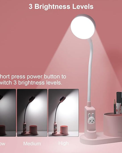 Cute Kids Desk Lamp 2000mAh Rechargeable Kawaii Desk Lamp with Star Projection/Pen Holder, Aesthetic Kids Bedside Lamp with Flexible Gooseneck/ 3 Level Brightness/Eye-Caring for Reading, Pink - LeafyLoom