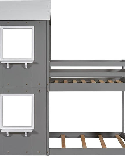 Twin Over Twin House Bed, Solid Wood Bunk Bed with Roof, Window, Guardrail and Ladder for Kids Teens Boys Girls, Ideal Bedroom Furniture, Gray - LeafyLoom