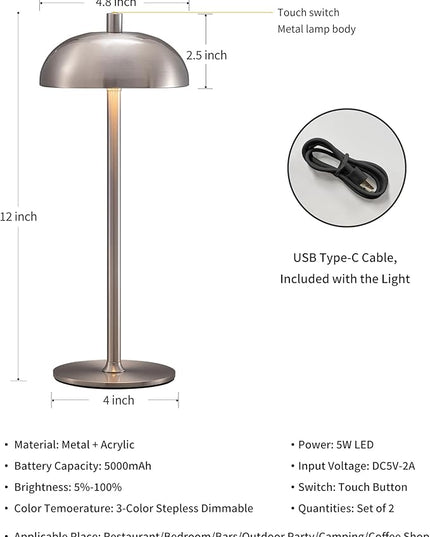 Cordless LED Table Lamp Set of 2, Modern Portable Desk Lamp, 3 Color Stepless Dimming Built-in Rechargeable Battery Lights, for Bedroom, Outdoor, Restaurant, Bedside Night Lamp(Brushed Nickel) - LeafyLoom