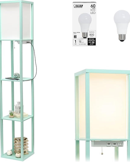 Simple Designs LF1037-AQU-LB Three Shelf Etagere Organizer Storage Floor Lamp with 2 Dual USB Ports and Charging Outlet, Aqua, with Feit LED Bulb Included - LeafyLoom