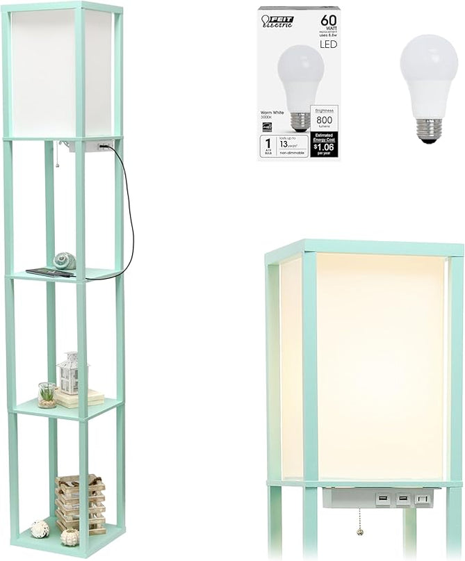 Simple Designs LF1037-AQU-LB Three Shelf Etagere Organizer Storage Floor Lamp with 2 Dual USB Ports and Charging Outlet, Aqua, with Feit LED Bulb Included - LeafyLoom
