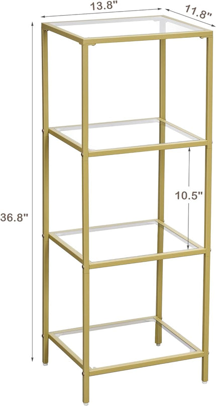 4-Tier Bookshelf,Metal Bookcase,Tempered Glass Shelves,Storage Rack Shelf for Home Office,Living Room,Bedroom, Bathroom,Modern Style,Golden - LeafyLoom