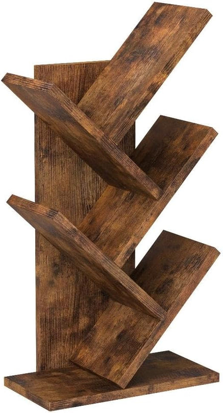 Topfurny Tree Bookshelf, 4-Tier Book Storage Organizer Shelves Floor Standing Bookcase, Wood Storage Rack for Office Home School Shelf Display for Cd/Magazine/Book - Rustic Brown - LeafyLoom