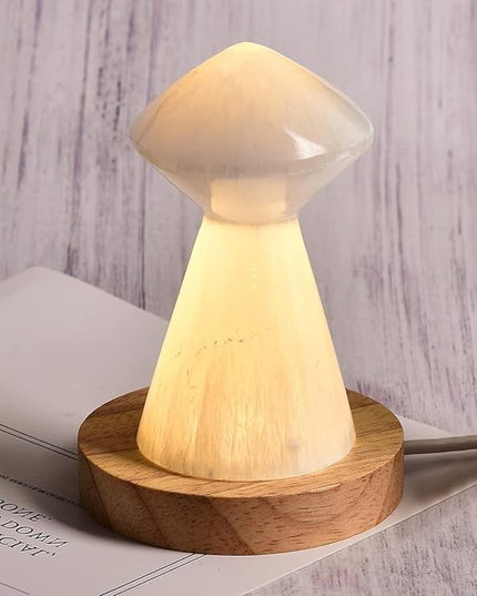 JIC Gem USB Selenite Lamp White Mushroom Small Selenite Crystal Lamp 3.1 Inch with Wooden Light Stand Base - LeafyLoom