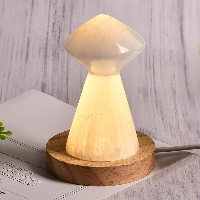 JIC Gem USB Selenite Lamp White Mushroom Small Selenite Crystal Lamp 3.1 Inch with Wooden Light Stand Base - LeafyLoom