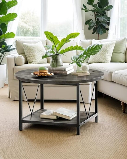 YITAHOME Coffee Tables for Living Room, Round Coffee Table, Small Coffee Table with Storage, 2 Tier Modern Coffee Table, Wood Circle Center Table with Metal Frame, Gray - LeafyLoom