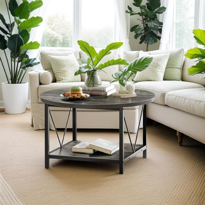 YITAHOME Coffee Tables for Living Room, Round Coffee Table, Small Coffee Table with Storage, 2 Tier Modern Coffee Table, Wood Circle Center Table with Metal Frame, Gray - LeafyLoom