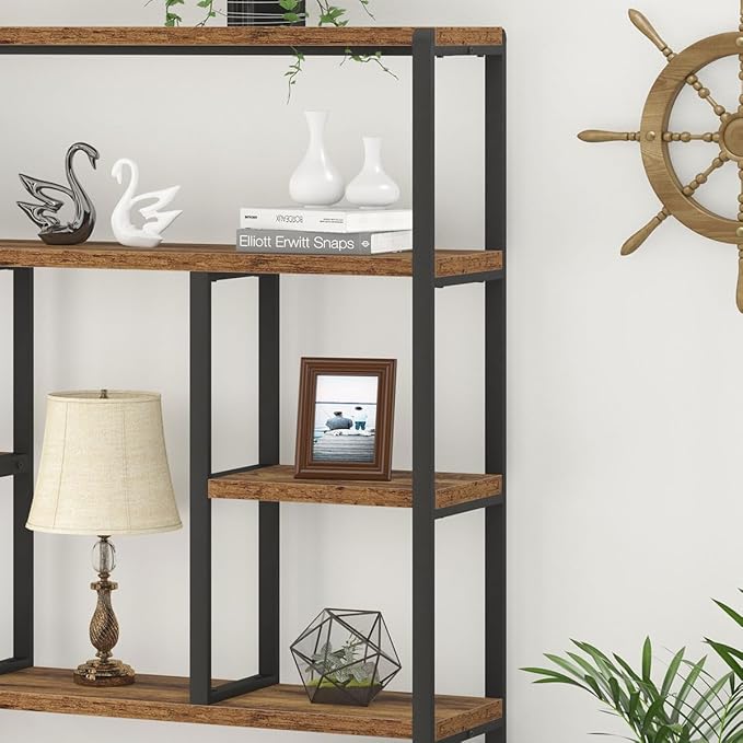 LVB Rustic Bookcases and Book Shelves, Metal Wood 6 Tier Bookshelf and Book Rack Storage, Industrial Vertical Display Etagere Book Case 6 Shelf, Vintage Large Book Shelf for Bedroom Living Room, Brown - LeafyLoom