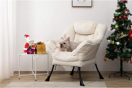 AcozyHom Modern Cotton Fabric Lazy Chair, Accent Contemporary Lounge Chair, Single Steel Frame Leisure Sofa Chair with Armrests and A Side Pocket, Thick Padded Back, Beige - LeafyLoom