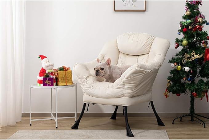 AcozyHom Modern Cotton Fabric Lazy Chair, Accent Contemporary Lounge Chair, Single Steel Frame Leisure Sofa Chair with Armrests and A Side Pocket, Thick Padded Back, Beige - LeafyLoom