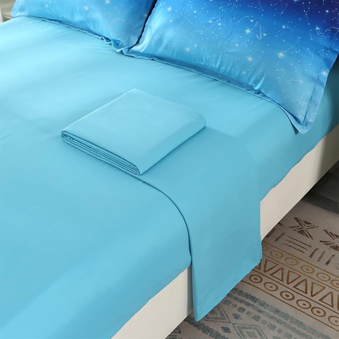 Wowelife Glitter Bedding Set Full Size 5 Pieces Galaxy Comforter Set Blue 3D Galaxy Kids Comforter Sets Lightweight with Comforter, Flat Sheet, Fitted Sheet and 2 Pillowcases - LeafyLoom