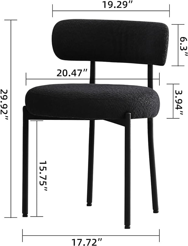 Black Dining Chairs Set of 2 Round Upholstered Boucle Dining Room Chairs Mid-Century Modern Kitchen Chairs Curved Backrest Chairs for Dining Room Black Metal Legs - LeafyLoom