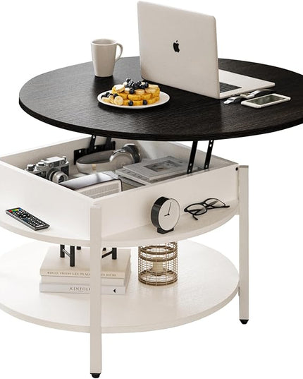 FABATO Round Lift Top Coffee Table with Storage and Hidden Compartment, 26.77'' Farmhouse Coffee Table for Living Room Reception Room, 2 Tier Small Round Coffee Table Circle Dining Table, White - LeafyLoom