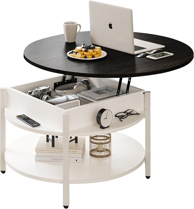 FABATO Round Lift Top Coffee Table with Storage and Hidden Compartment, 26.77'' Farmhouse Coffee Table for Living Room Reception Room, 2 Tier Small Round Coffee Table Circle Dining Table, White - LeafyLoom