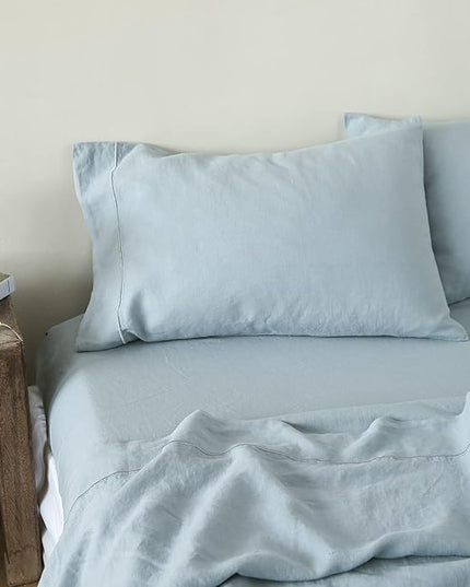 Simple&Opulence 100% Washed Linen Sheet Set-Queen Size-Natural France Flax Bed Sheet-4 Pcs Breathable,Ultra Soft,Farmhouse Bedding (1 Flat Sheet,1 Fitted Sheet,2 Pillowcases)-Embroidery Dusty Blue - LeafyLoom