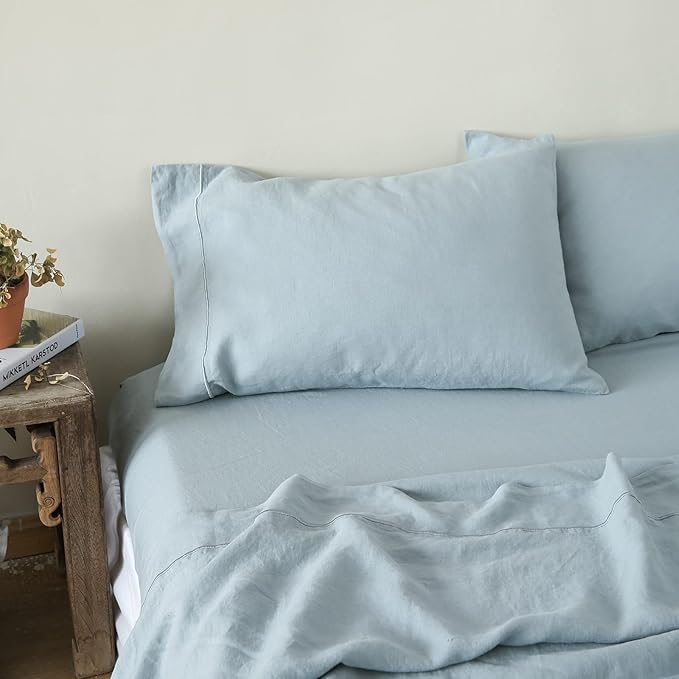 Simple&Opulence 100% Washed Linen Sheet Set-Queen Size-Natural France Flax Bed Sheet-4 Pcs Breathable,Ultra Soft,Farmhouse Bedding (1 Flat Sheet,1 Fitted Sheet,2 Pillowcases)-Embroidery Dusty Blue - LeafyLoom