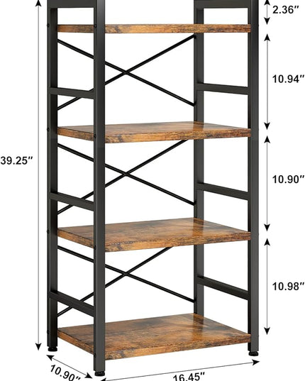 Bookshelf, 4 Tier Small Bookcase, Organizers and Storage, Metal Small Bookcase, Rustic Book Shelf Organization and Storage for Living Room, Bedroom, and Home Office(Rustic Brown) - LeafyLoom