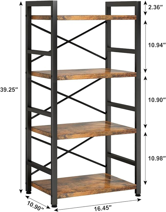 Bookshelf, 4 Tier Small Bookcase, Organizers and Storage, Metal Small Bookcase, Rustic Book Shelf Organization and Storage for Living Room, Bedroom, and Home Office(Rustic Brown) - LeafyLoom