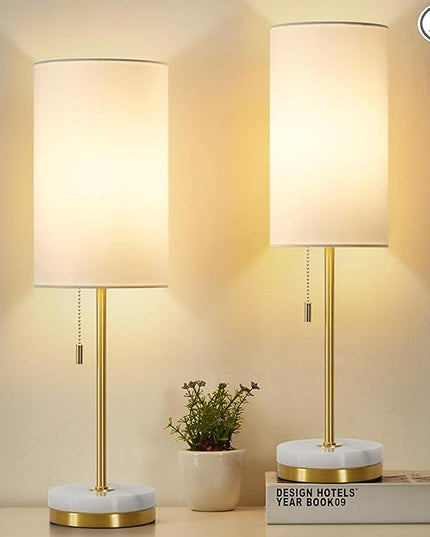 Luvkczc Minimalist Table Lamp Set of 2, Nightstand Lamp for Bedroom Living Room, Modern Pull Chain Bedside Lamp with Marble Base, Fabric Shade, Small Desk Lamp for Home, Office, Reading,Gold - LeafyLoom
