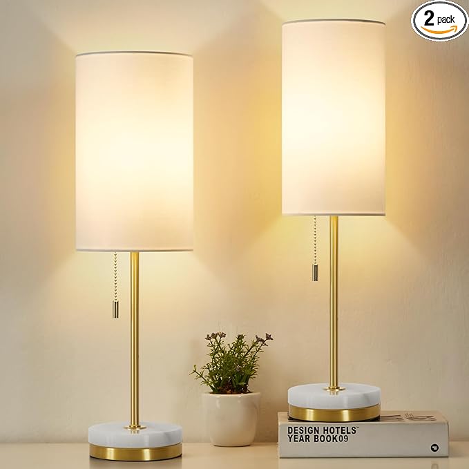 Luvkczc Minimalist Table Lamp Set of 2, Nightstand Lamp for Bedroom Living Room, Modern Pull Chain Bedside Lamp with Marble Base, Fabric Shade, Small Desk Lamp for Home, Office, Reading,Gold - LeafyLoom