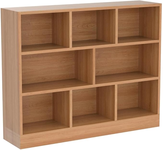IOTXY Open Shelf Low Bookcase - Wooden 3-Tier Floor Standing Display Cabinet Organizer with Base, 8 Cubes Short Horizontal Bookshelf in Pear Yellow - LeafyLoom