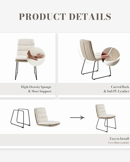 Dining Chairs Set of 2, Upholstered Dining Room Kitchen Chairs with Metal Legs, Modern Fabric PU Leather Side Chairs for Home Office, Cream - LeafyLoom