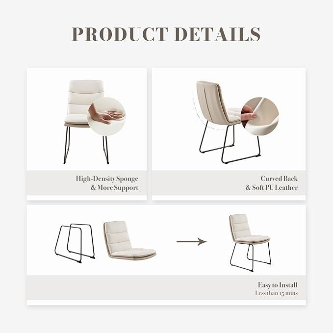 Dining Chairs Set of 2, Upholstered Dining Room Kitchen Chairs with Metal Legs, Modern Fabric PU Leather Side Chairs for Home Office, Cream - LeafyLoom