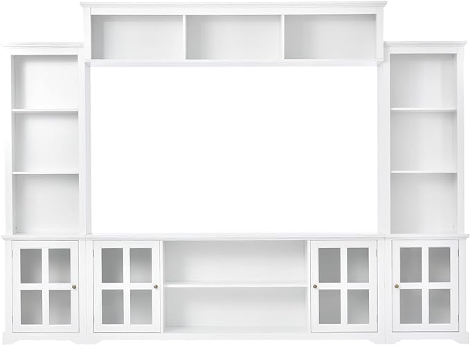 Entertainment Wall Unit with Bridge, Stand Media Console Table for TVs Up to 70" with Tempered Glass Door, Ample Storage Space for Living Room, 104 Inch, White - LeafyLoom