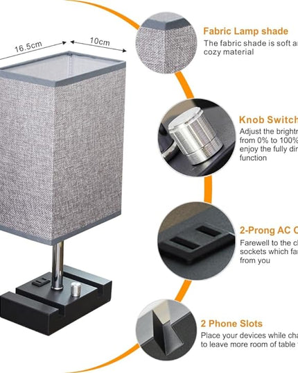 Fully Dimmable Nightstand Lamp for Bedroom with AC Outlet, Table Lamp with Two Phone Stands, Bedside Lamps, Desk Lamp for Bedroom, Living Room, LED Bulb Included Grey - LeafyLoom