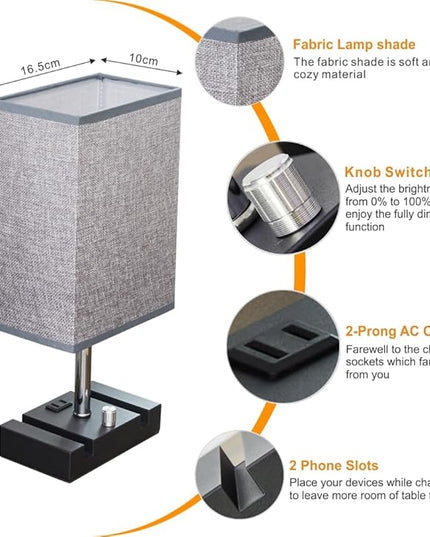 Fully Dimmable Table lamp, Lamps with Two Phone Stands and AC Outlet, Bedside Lamp with Two LED Bulb for Bedroom, Living Room,Study(Set of 2) Light Grey - LeafyLoom
