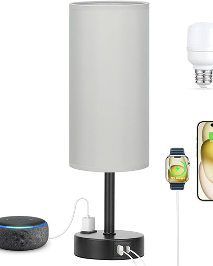 Grey Touch Bedside Lamp for Bedroom - 3 Way Dimmable Table Lamp USB C Charging Ports and AC Outlet, Small Desk Lamp for Living Room, Office, LED Bulb Included - LeafyLoom