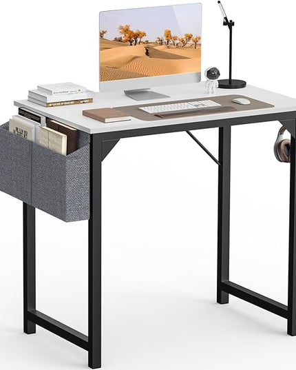 SMUG Computer Desk 32 Inch Home Office Writing Wood Storage Bag & Headphone Hook Small Spaces Simple Bedroom Work Study Kids Table, White - LeafyLoom