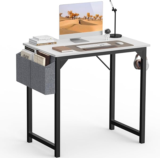 SMUG Computer Desk 32 Inch Home Office Writing Wood Storage Bag & Headphone Hook Small Spaces Simple Bedroom Work Study Kids Table, White - LeafyLoom