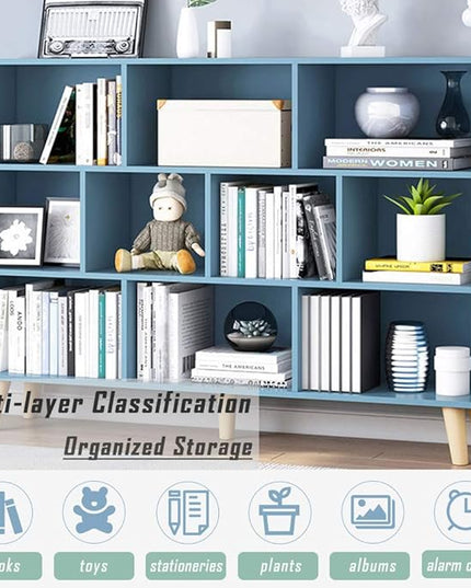 IOTXY Wooden Open Shelf Bookcase - 3-Tier Floor Standing Display Cabinet Rack with Legs, 10 Cubes Bookshelf, Bright Blue - LeafyLoom