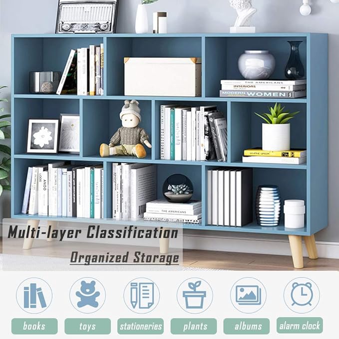 IOTXY Wooden Open Shelf Bookcase - 3-Tier Floor Standing Display Cabinet Rack with Legs, 10 Cubes Bookshelf, Bright Blue - LeafyLoom