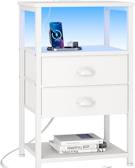 Furologee Nightstand with Charging Station, White Night Stand with LED Lights, 3-Tier Storage End Table with Fabric Drawers, Side Table with USB Ports & Outlets for Lving Room/Bedroom - LeafyLoom