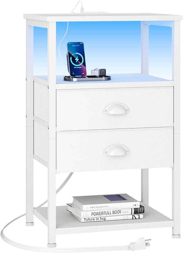 Furologee Nightstand with Charging Station, White Night Stand with LED Lights, 3-Tier Storage End Table with Fabric Drawers, Side Table with USB Ports & Outlets for Lving Room/Bedroom - LeafyLoom