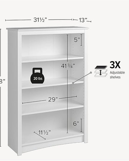 Prepac Home Office 4-Shelf Standard Bookcase, 31.5 in. W x 48 in. H x 13 in. D, White - LeafyLoom