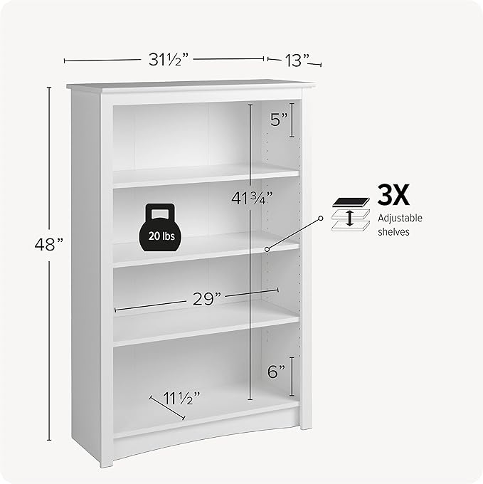 Prepac Home Office 4-Shelf Standard Bookcase, 31.5 in. W x 48 in. H x 13 in. D, White - LeafyLoom