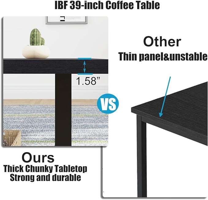 IBF Black Coffee Table, Minimalist Industrial Wooden Center Table, Modern Simple Rectangle Living Room Table, Farmhouse Wood and Metal Cocktail Coffee Table for Home Bedroom Office, Black Oak, 39 inch - LeafyLoom